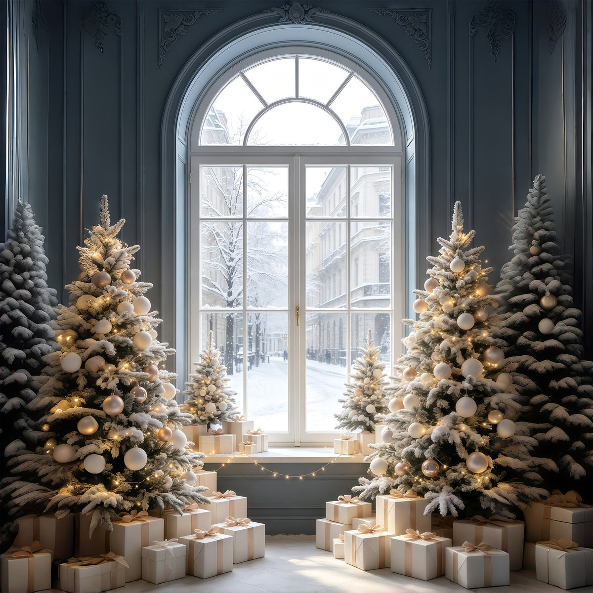 Christmas Window Backdrop Snowy Street View Tree Display Muslin Christmas Backdrop UK GQ69-52