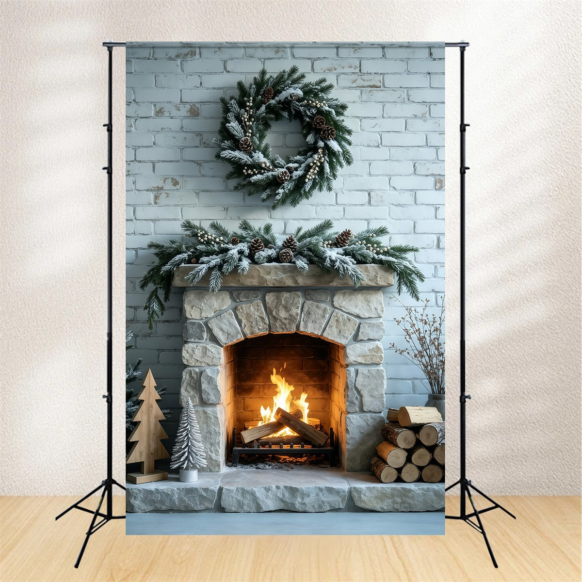 Christmas Fireplace Backdrop Frosted Garland Brick Wall Muslin Backdrop Christmas UK GQ69-53