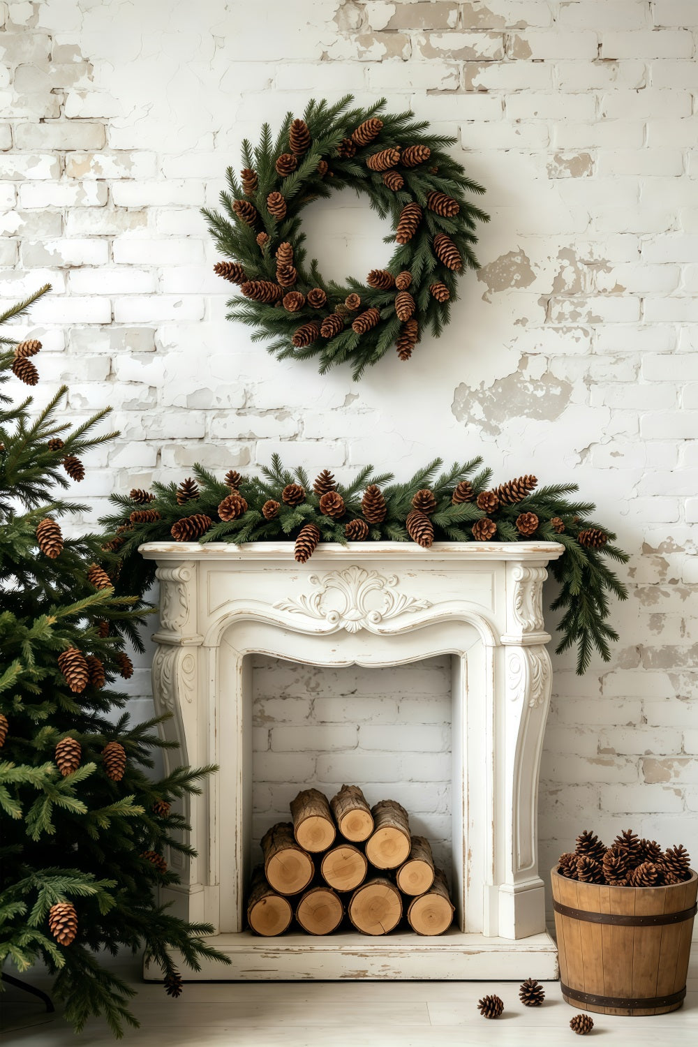 Christmas Wall Backdrop Pinecone Wreath Mantel Display Photographic Backdrops Christmas UK GQ69-54