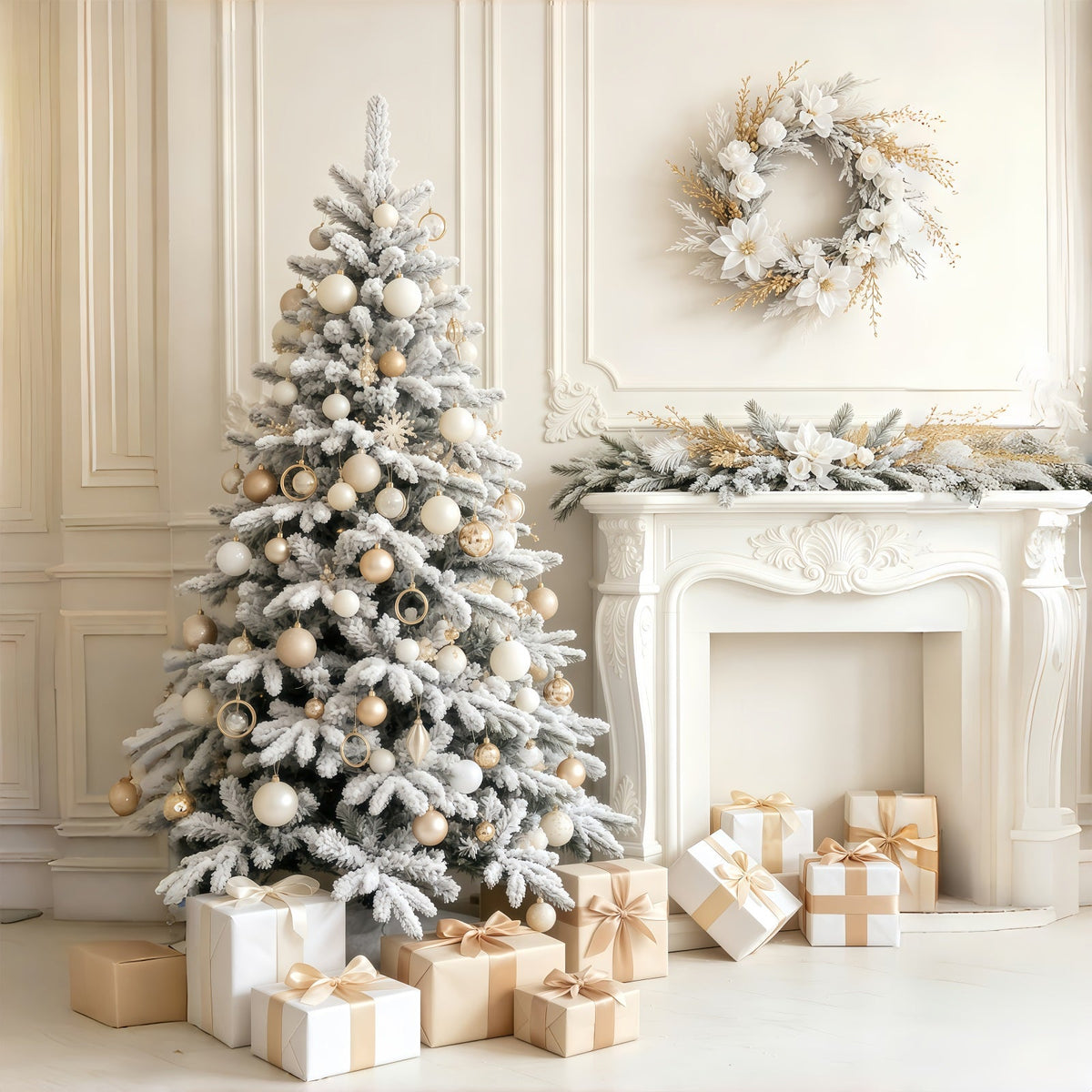 Elegant Christmas Backdrop Snowy White Tree Fireplace Room Christmas Backdrop UK GQ69-56