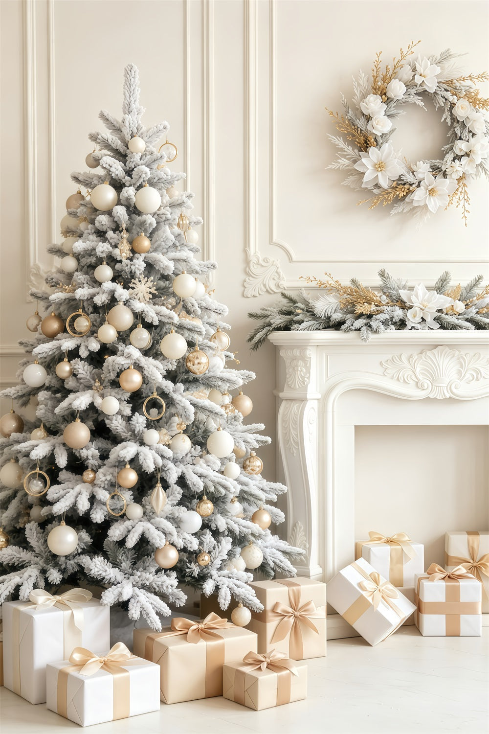 Elegant Christmas Backdrop Snowy White Tree Fireplace Room Christmas Backdrop UK GQ69-56