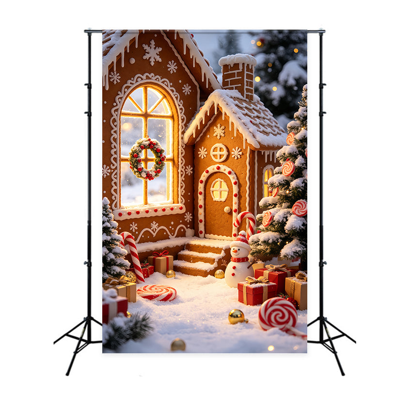 Gingerbread Christmas Backdrop Snowy Cottage Candy Village Christmas Backdrops UK GQ69-57