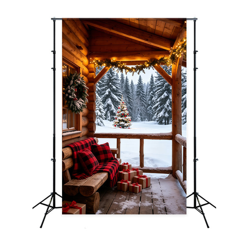 Country Christmas Backdrop Cozy Cabin Porch Forest View Christmas Photo Backdrop UK GQ69-58