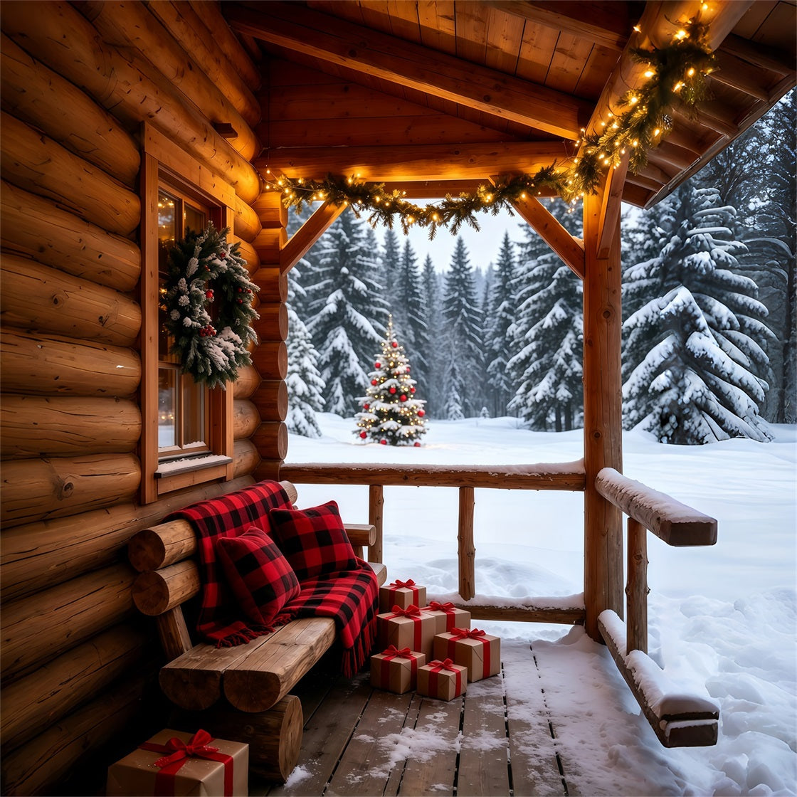 Country Christmas Backdrop Cozy Cabin Porch Forest View Christmas Photo Backdrop UK GQ69-58