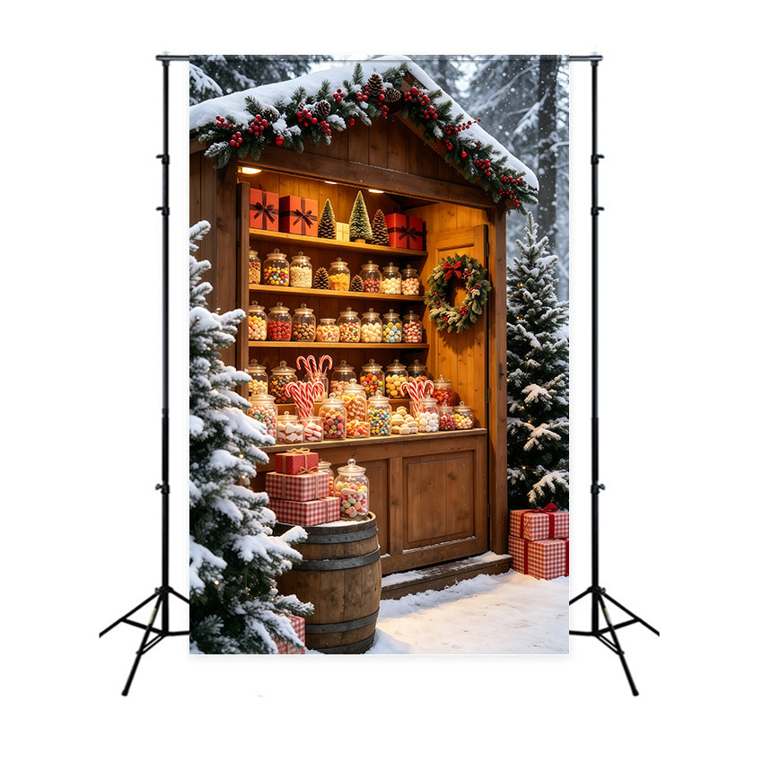 Snowy Christmas Backdrop Rustic Candy Jar Market Stall Christmas Photo Backdrops UK GQ69-59
