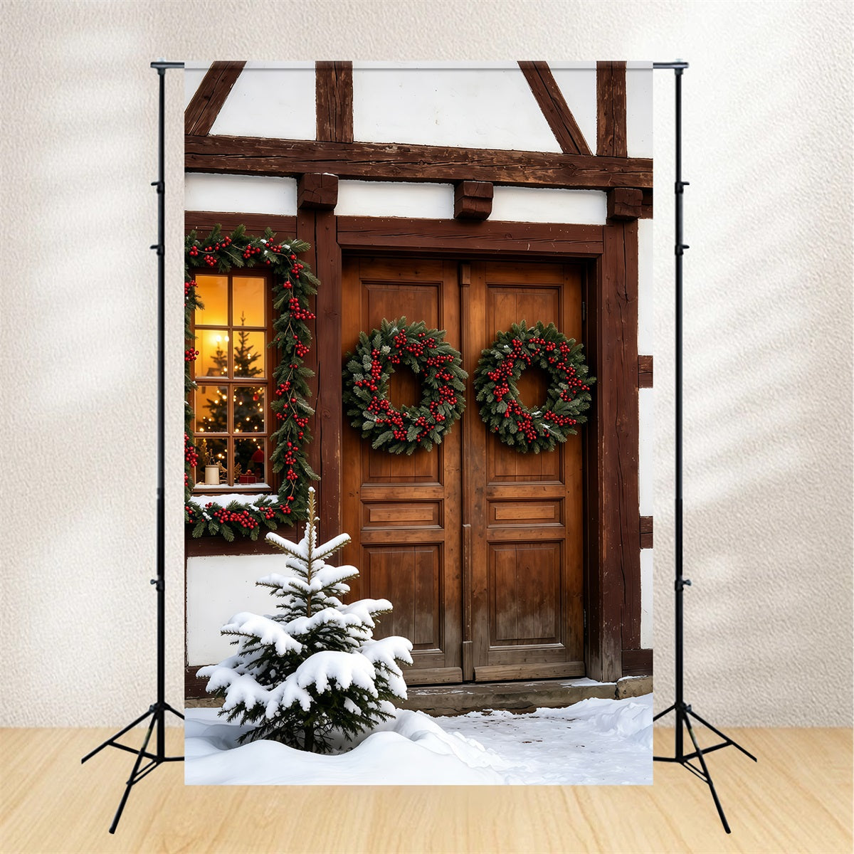 Christmas Wood Backdrop Snowy Sleigh Ride Display Christmas Photography Backdrops UK GQ69-63