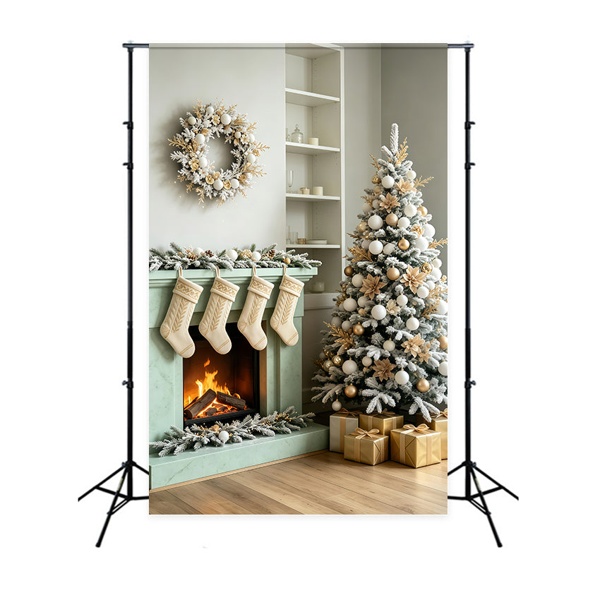Christmas Room Backdrop Minimal White Fireplace Stockings Christmas Wall Backdrop UK GQ69-66
