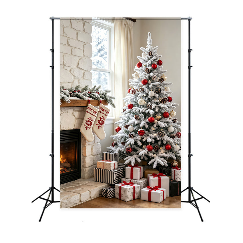 Christmas Living Room Backdrop Snowy Stone Fireplace Tree Photography Christmas Backdrops UK GQ69-67