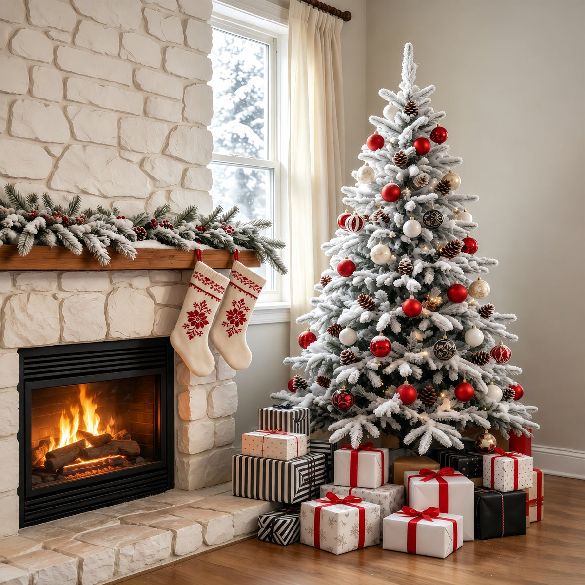 Christmas Living Room Backdrop Snowy Stone Fireplace Tree Photography Christmas Backdrops UK GQ69-67