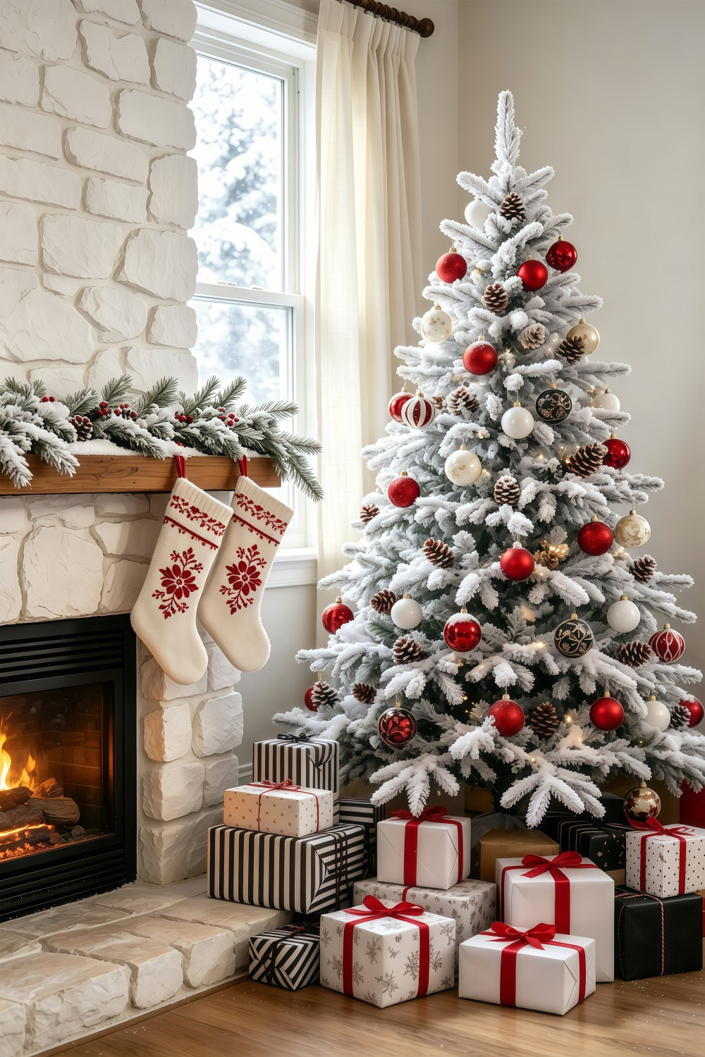 Christmas Living Room Backdrop Snowy Stone Fireplace Tree Photography Christmas Backdrops UK GQ69-67