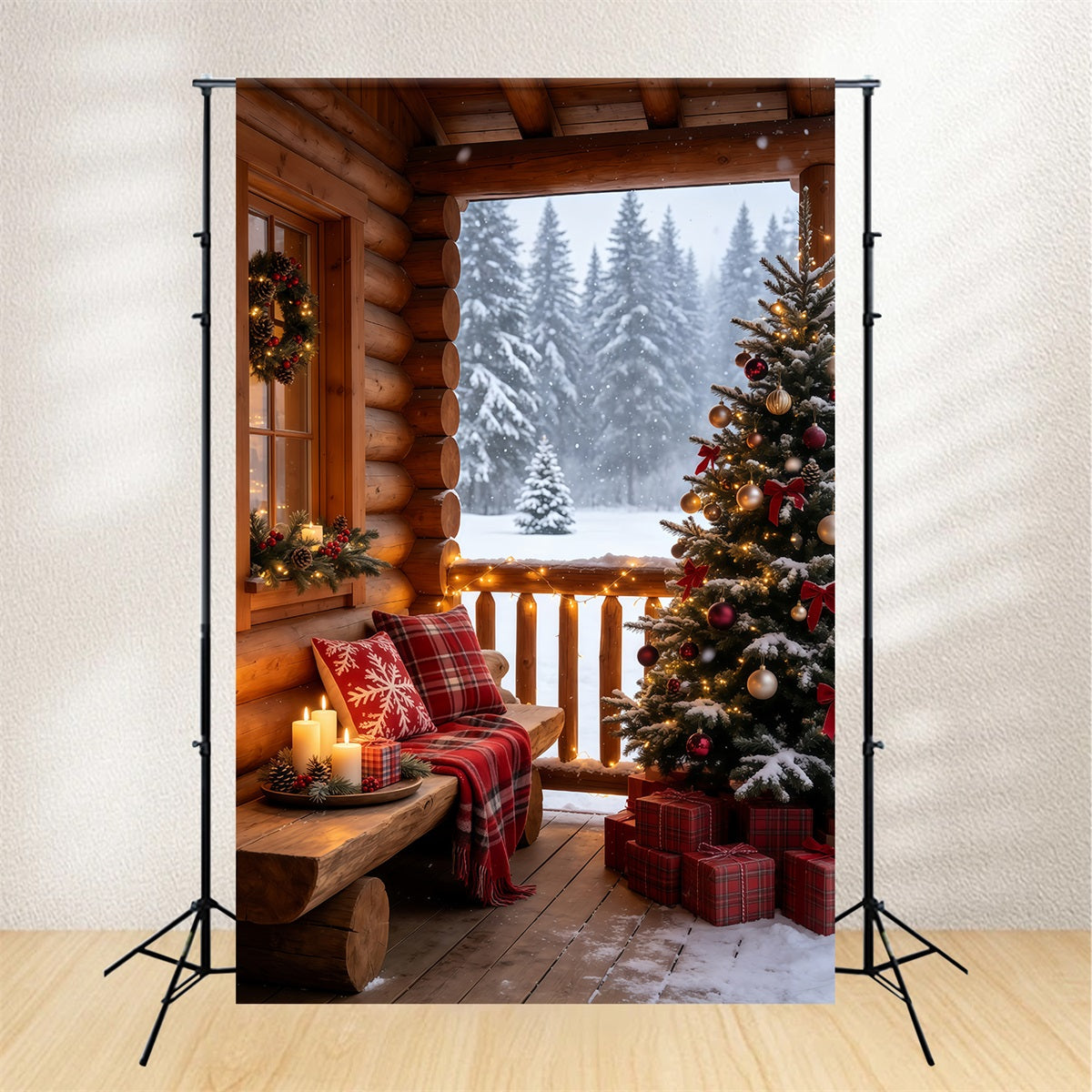 Rustic Christmas Backdrop Cozy Snowy Cabin Balcony Backdrops Christmas UK GQ69-69
