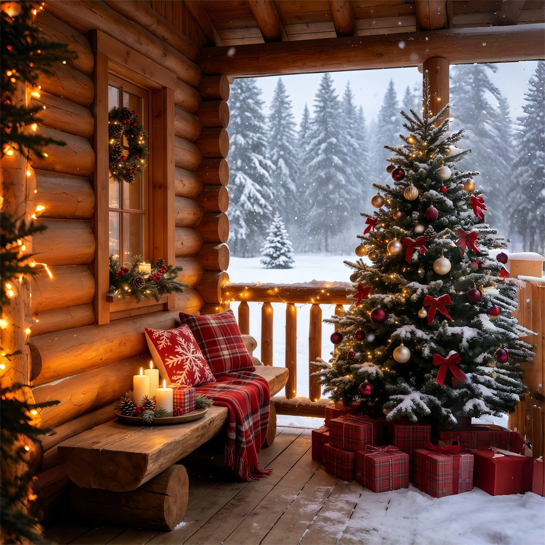 Rustic Christmas Backdrop Cozy Snowy Cabin Balcony Backdrops Christmas UK GQ69-69