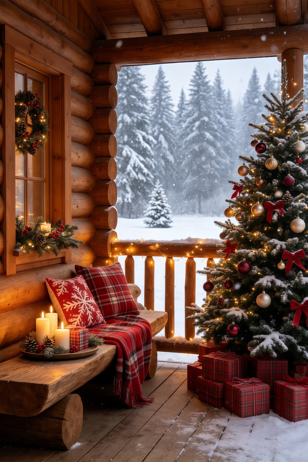 Rustic Christmas Backdrop Cozy Snowy Cabin Balcony Backdrops Christmas UK GQ69-69