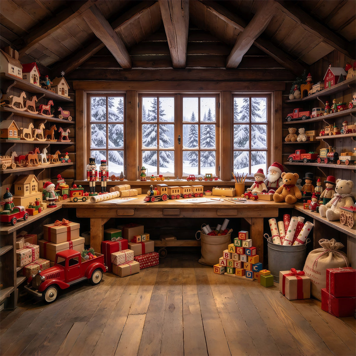 Twas The Night Before Christmas Backdrop Wooden Toy Workshop Interior Xmas Photo Backdrop UK GQ69-72