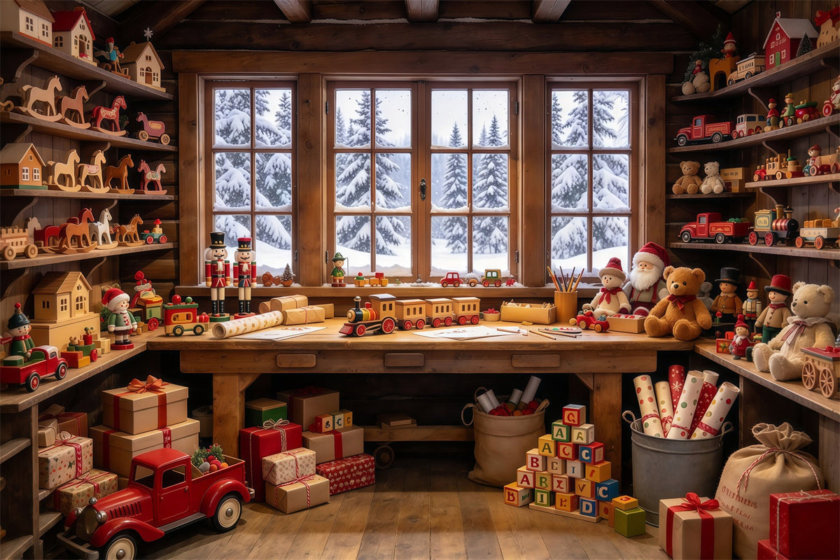 Twas The Night Before Christmas Backdrop Wooden Toy Workshop Interior Xmas Photo Backdrop UK GQ69-72