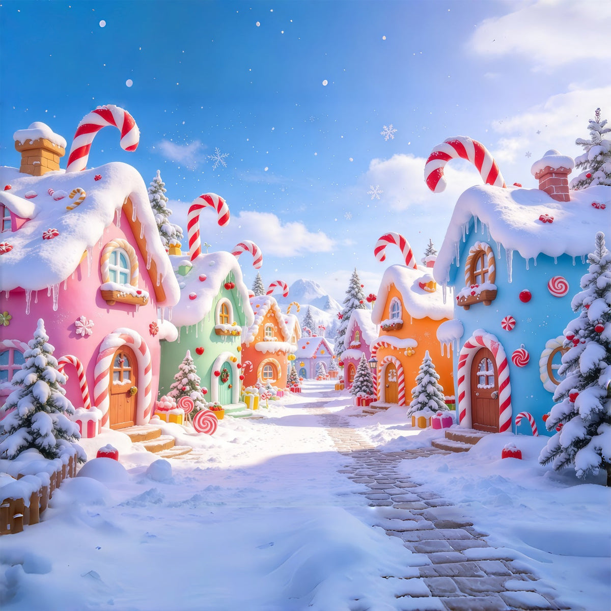 Backdrop For Christmas Photos Pastel Candy Village Street Whimsical Christmas Backdrop UK GQ69-76