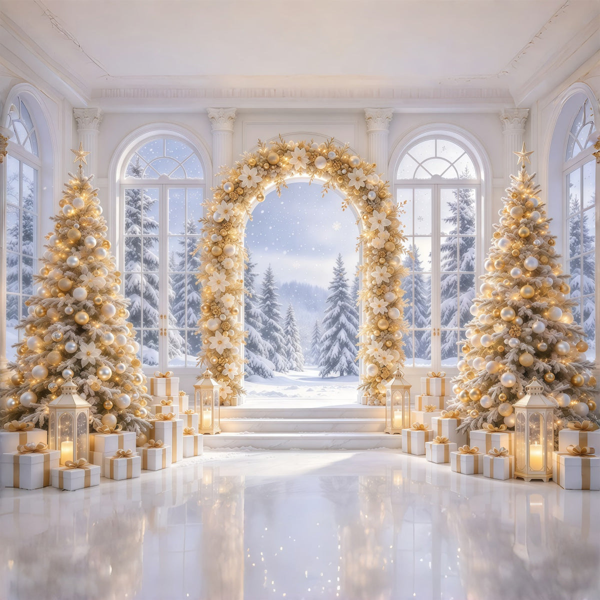 White And Gold Christmas Backdrop Golden Floral Winter Arch Christmas Backdrop UK GQ69-79