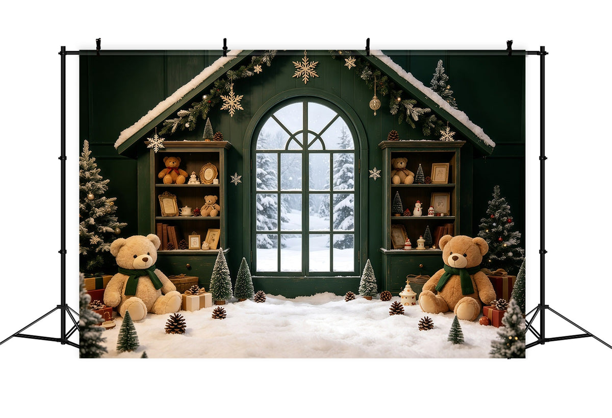 Cozy Christmas Backdrop Green Cabin Teddy Window Christmas Muslin Backdrop UK GQ69-8