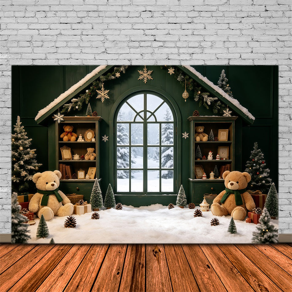 Cozy Christmas Backdrop Green Cabin Teddy Window Christmas Muslin Backdrop UK GQ69-8