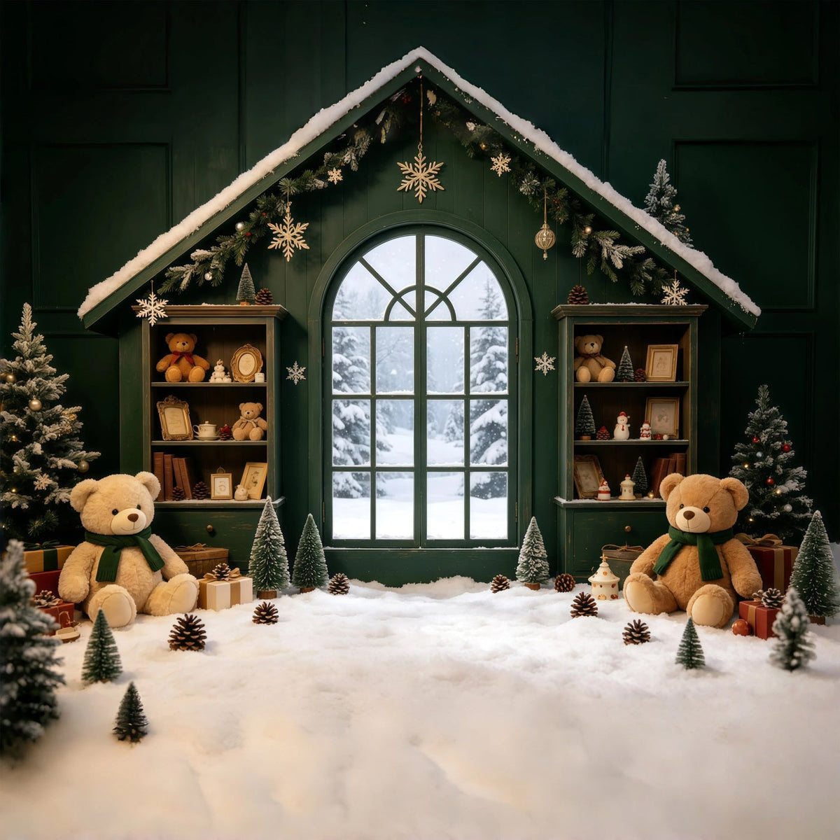 Cozy Christmas Backdrop Green Cabin Teddy Window Christmas Muslin Backdrop UK GQ69-8