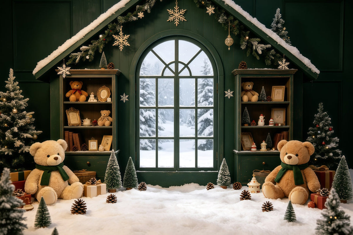 Cozy Christmas Backdrop Green Cabin Teddy Window Christmas Muslin Backdrop UK GQ69-8
