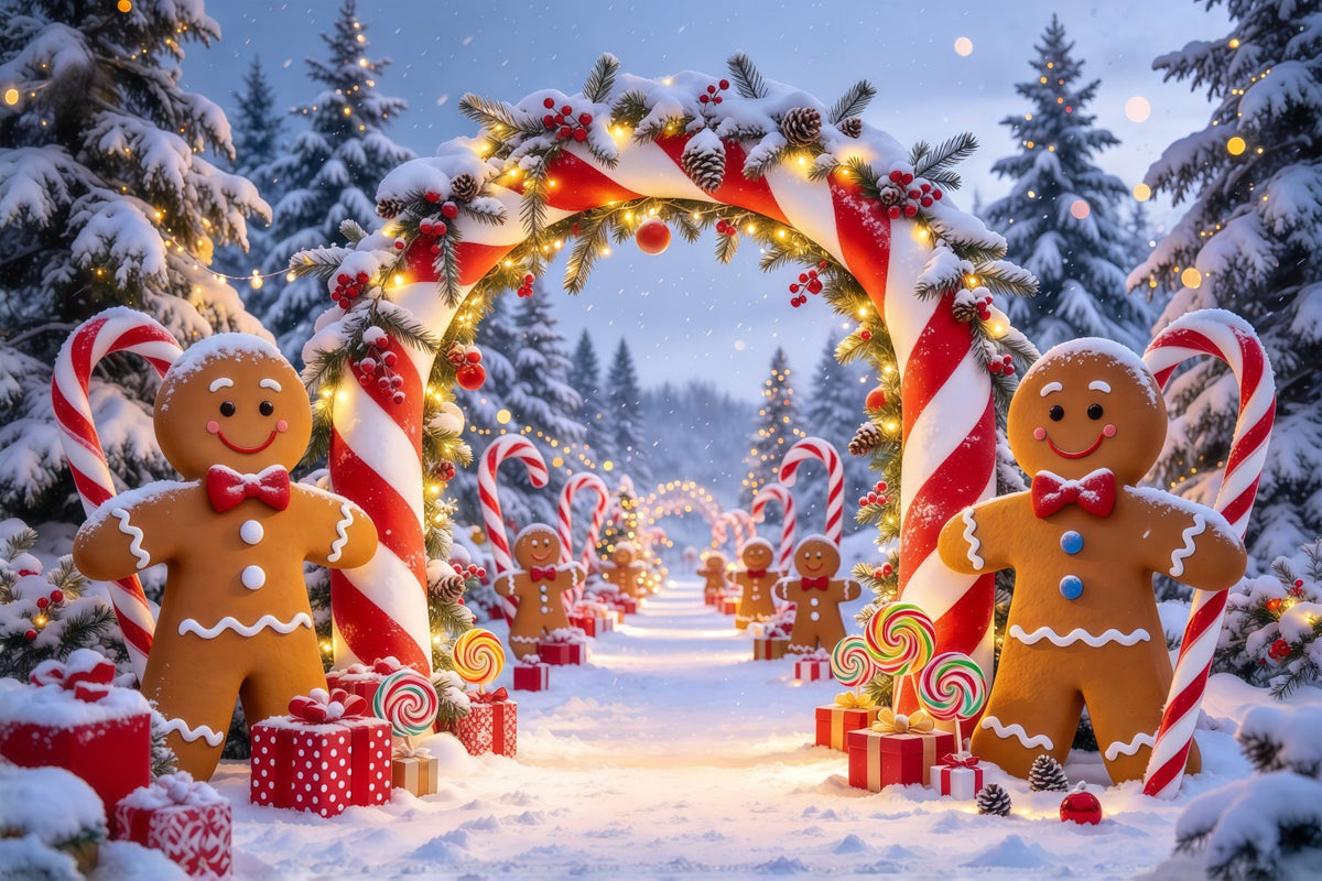 Christmas Backdrop Portrait Gingerbread Snowy Forest Path Candy Cane Photo Backdrop UK GQ69-80