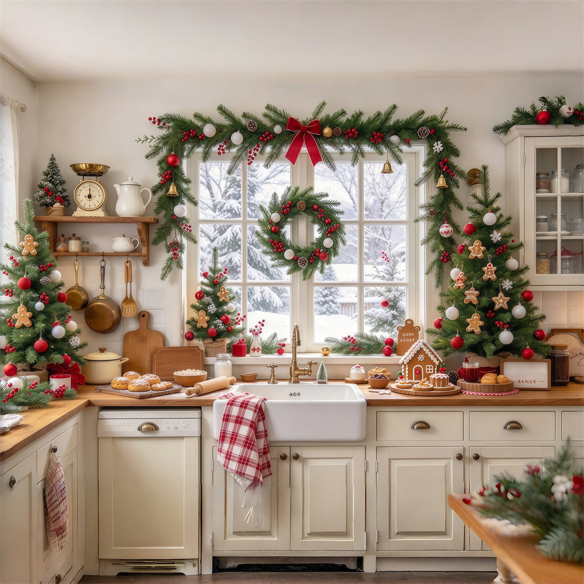 Large Christmas Scene Backdrop Festive Kitchen Window Display Christmas Baking Backdrop UK GQ69-83