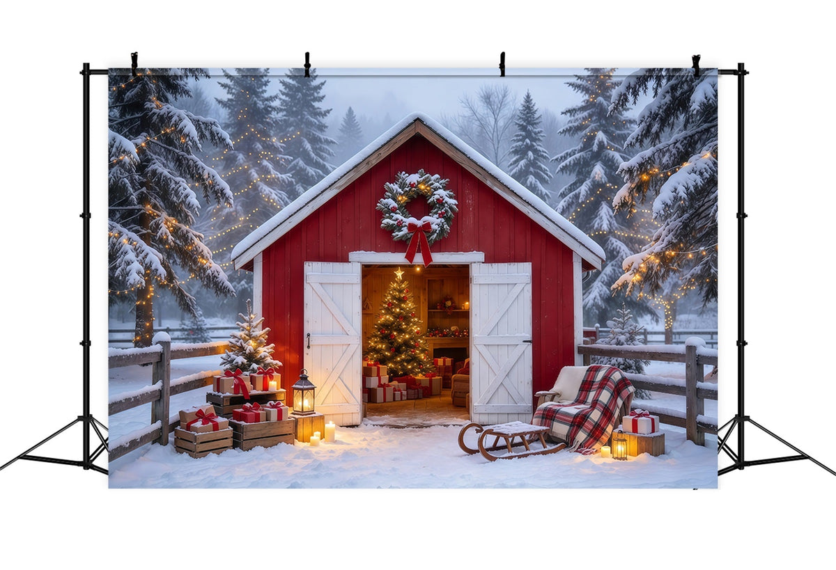 Country Christmas Backdrops Snowy Red Barn Retreat Christmas Card Backdrops UK GQ69-84