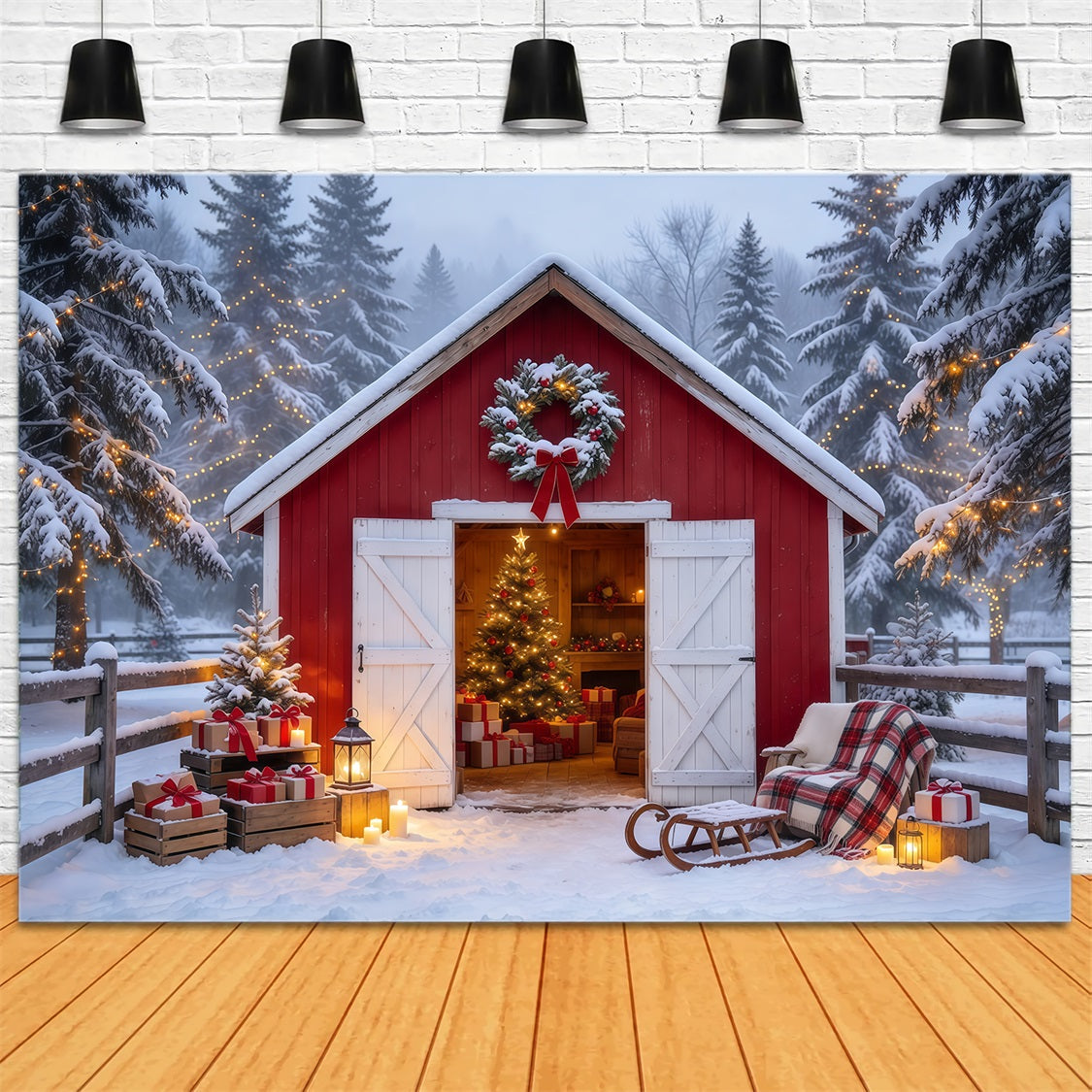 Country Christmas Backdrops Snowy Red Barn Retreat Christmas Card Backdrops UK GQ69-84