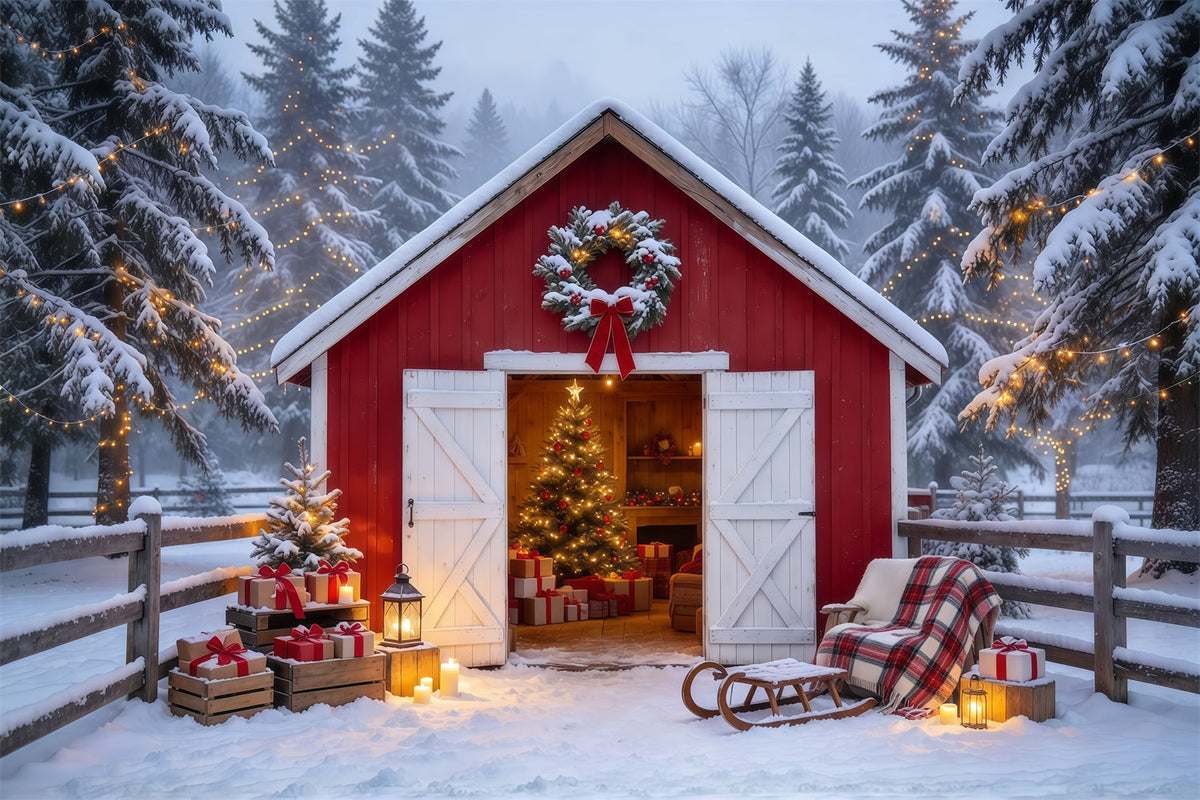 Country Christmas Backdrops Snowy Red Barn Retreat Christmas Card Backdrops UK GQ69-84