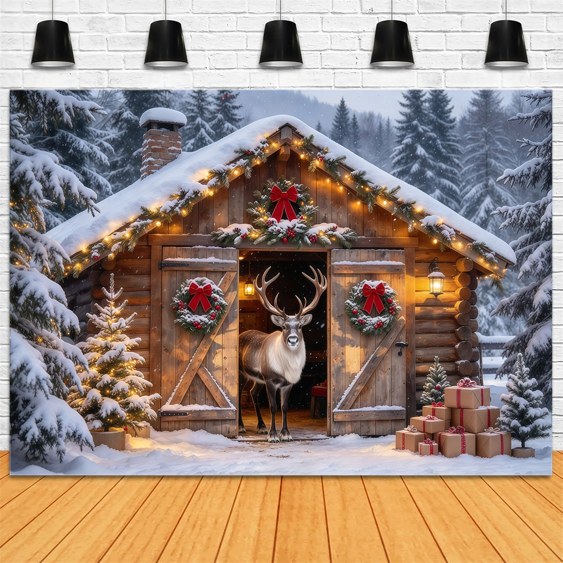 Winter Christmas Backdrops Snowy Reindeer Cabin Entrance Reindeer Stable Backdrop UK GQ69-88