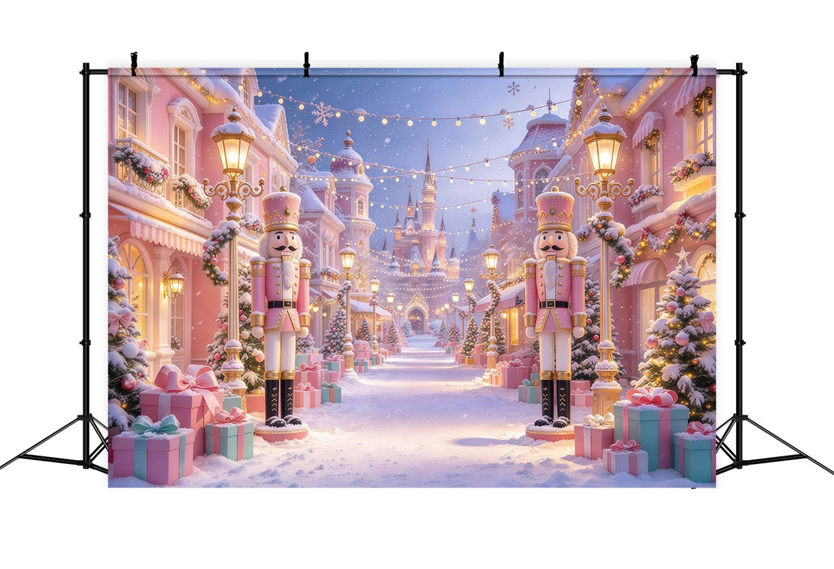 Pink Christmas Photo Backdrop Snowy Nutcracker Castle Street Colorful Christmas Backdrop UK GQ69-92