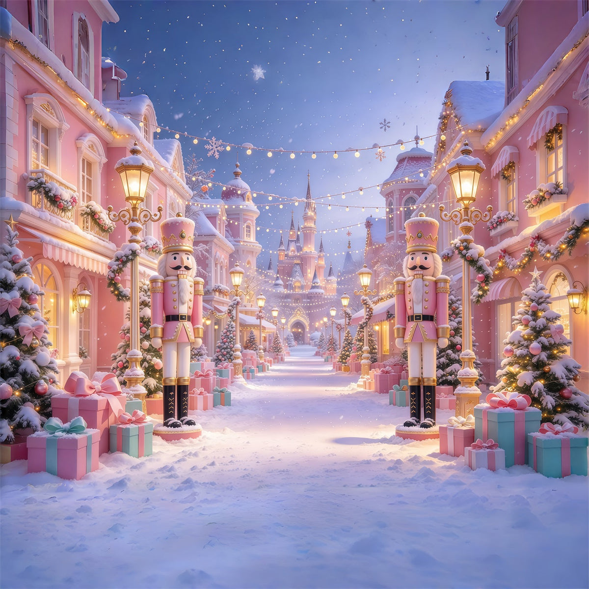 Pink Christmas Photo Backdrop Snowy Nutcracker Castle Street Colorful Christmas Backdrop UK GQ69-92