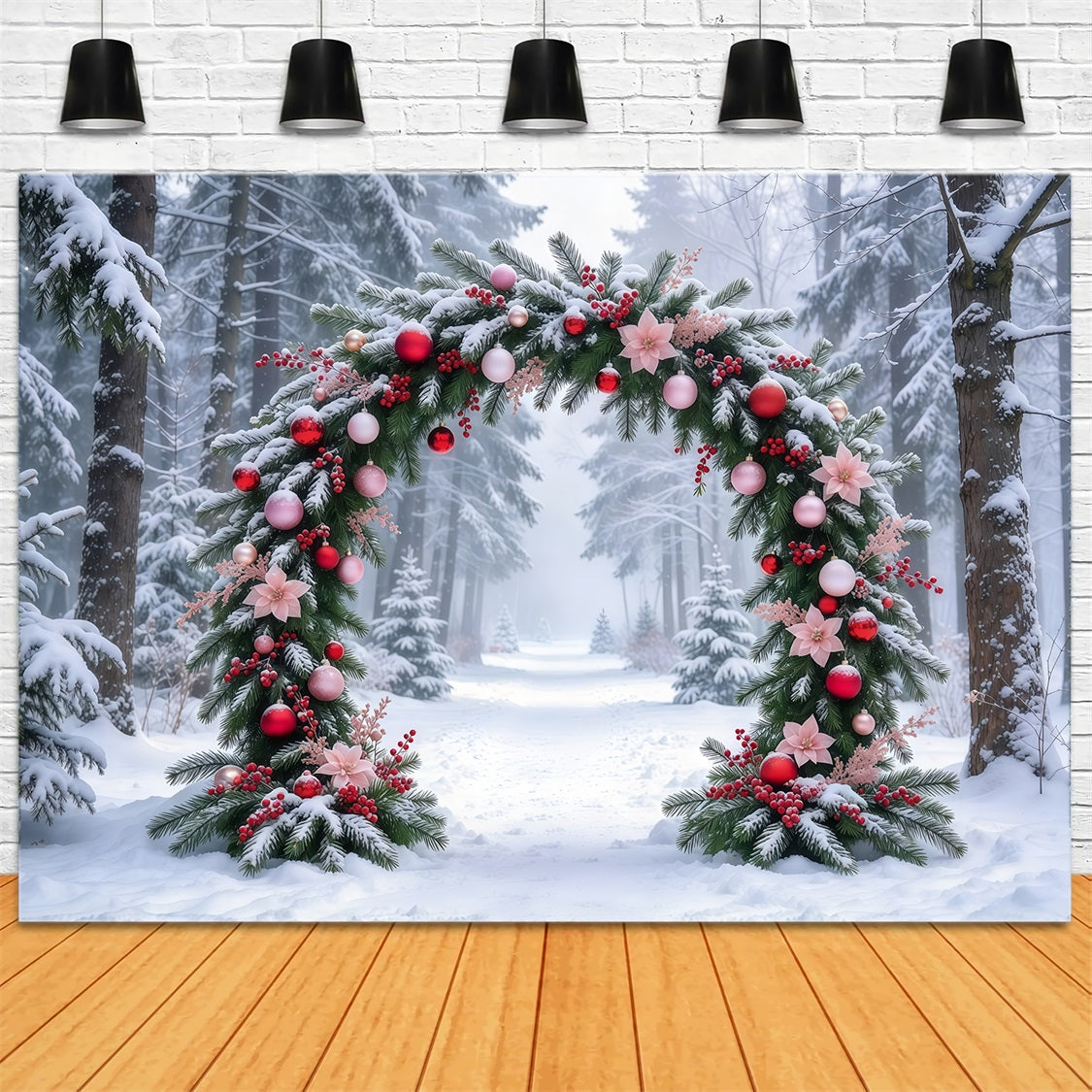 Photography Christmas Tree Backdrop Snowy Pink Floral Arch Outdoor Christmas Tree Backdrop UK GQ69-93