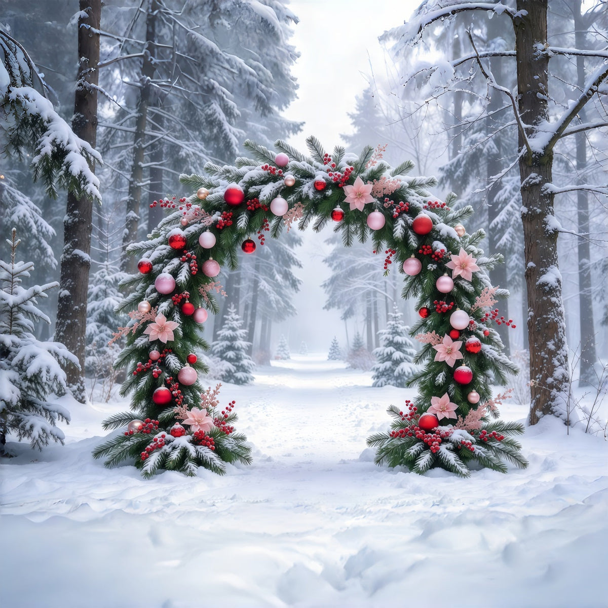 Photography Christmas Tree Backdrop Snowy Pink Floral Arch Outdoor Christmas Tree Backdrop UK GQ69-93