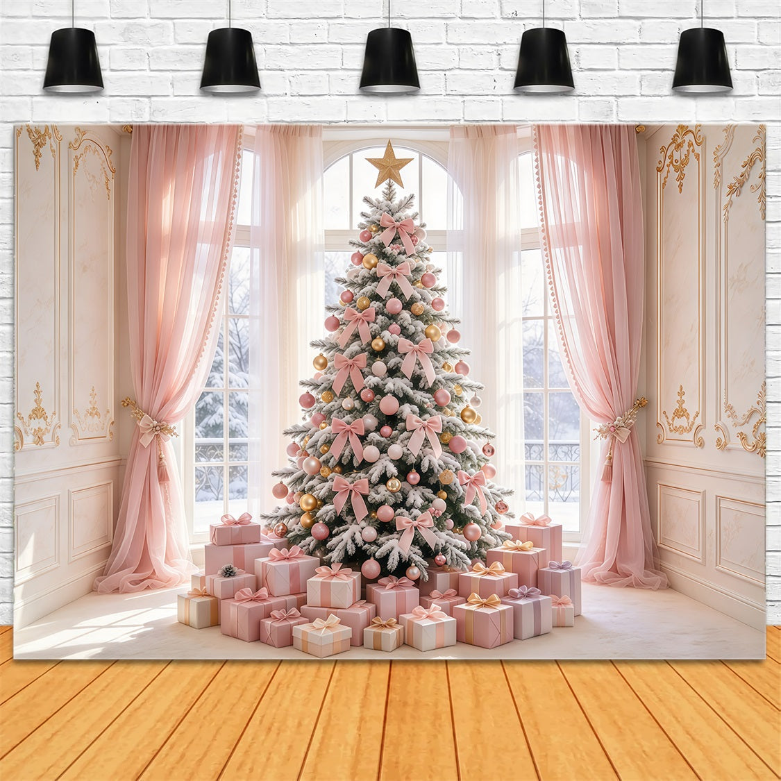 Pink Christmas Backdrops For Photography Blush Bow Tree Gifts Christmas Photoshoot Backdrops UK GQ69-94