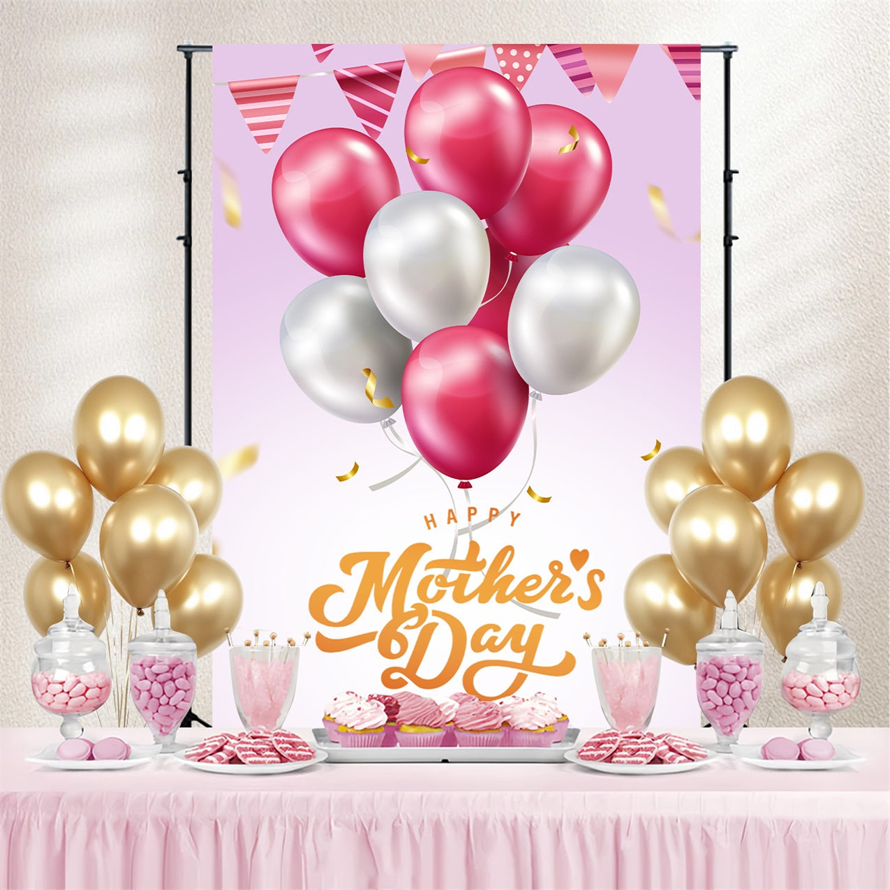 Backdrops For Mother's Day Silver Pink Balloon Customized Backdrop UK GTY3-209