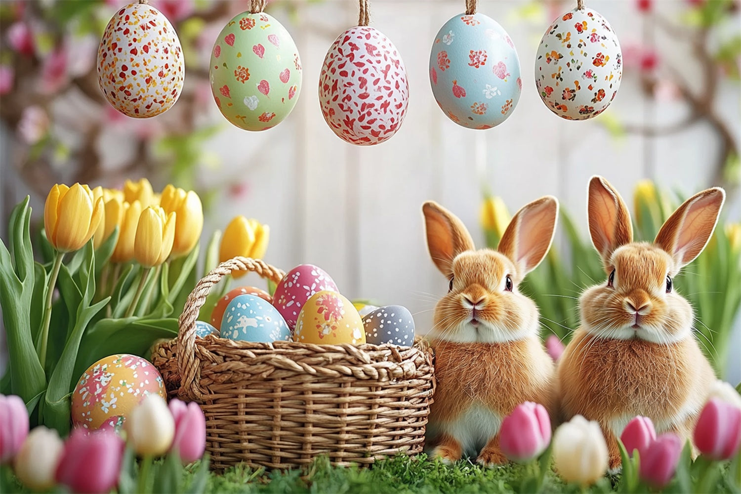Easter Picture Backdrops Hanging Easter Egg Tulips Backdrop UK GTY3-232