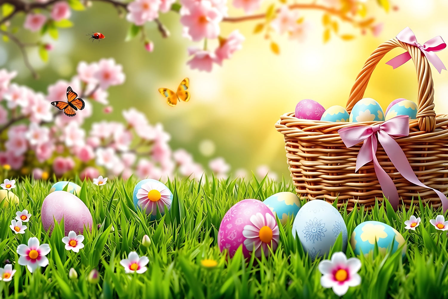 Easter Backdrop Butterfly Meadow Egg Basket Backdrop UK GTY3-237