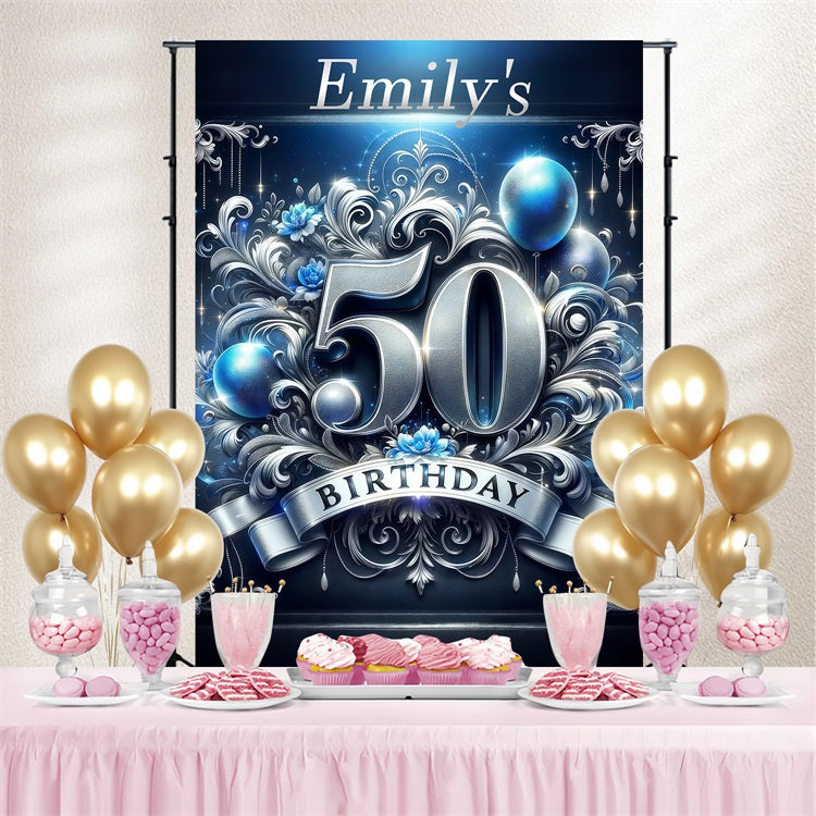 Personalized 50th Birthday Backdrop Silver Floral Celebration Backdrop UK GTY3-251