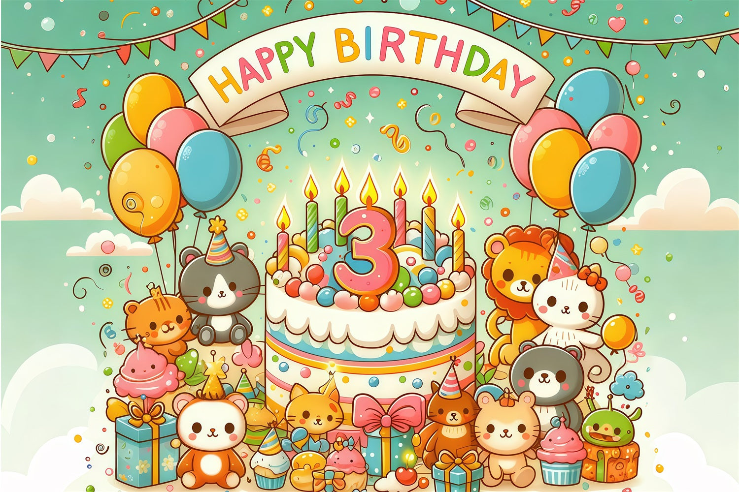 Birthday Backdrop Ideas Cartoon Animal Cake Personalised Backdrop UK GTY3-256