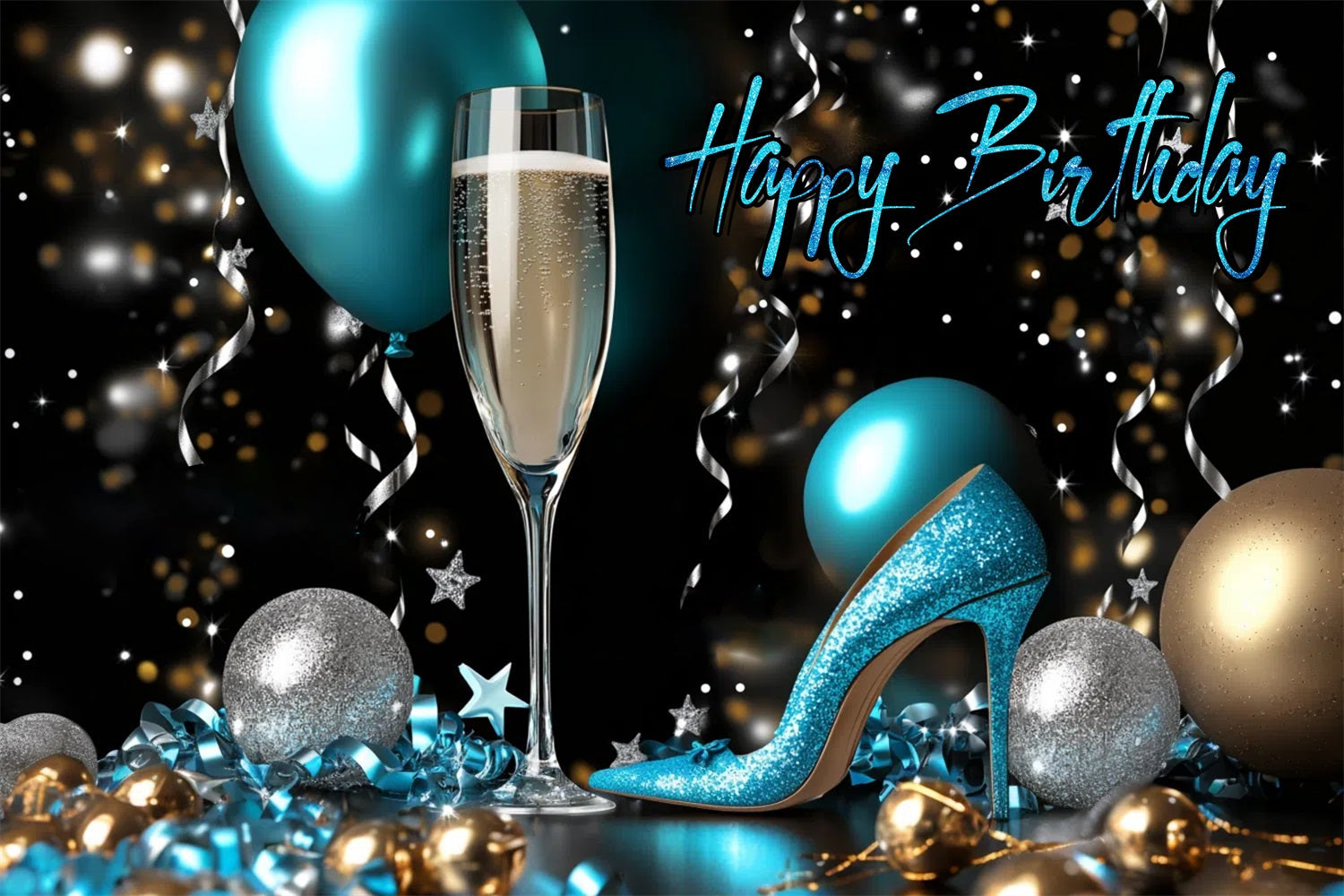 Backdrop For Birthday Heels Champagne Balloon Personalised Backdrop UK GTY3-260