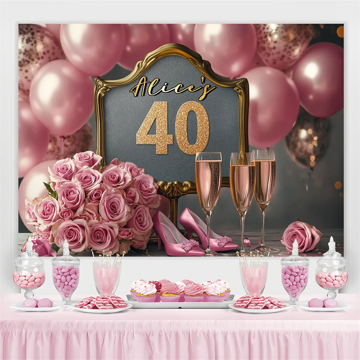 Personalized 40th Birthday Backdrop Pink Roses Champagne Balloon Backdrop UK GTY3-264