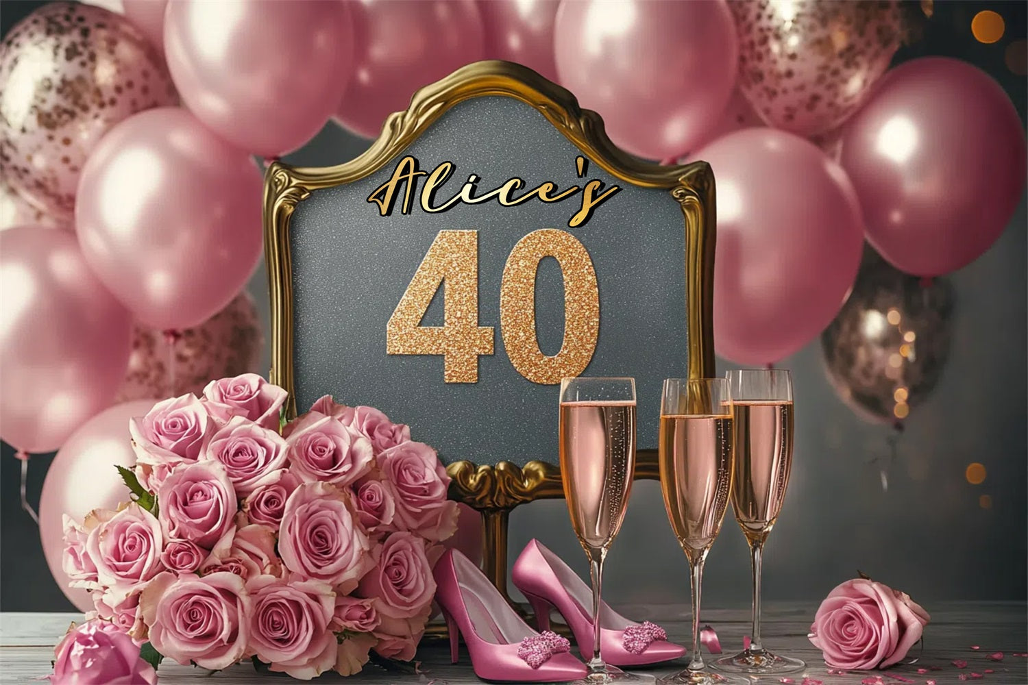 Personalized 40th Birthday Backdrop Pink Roses Champagne Balloon Backdrop UK GTY3-264