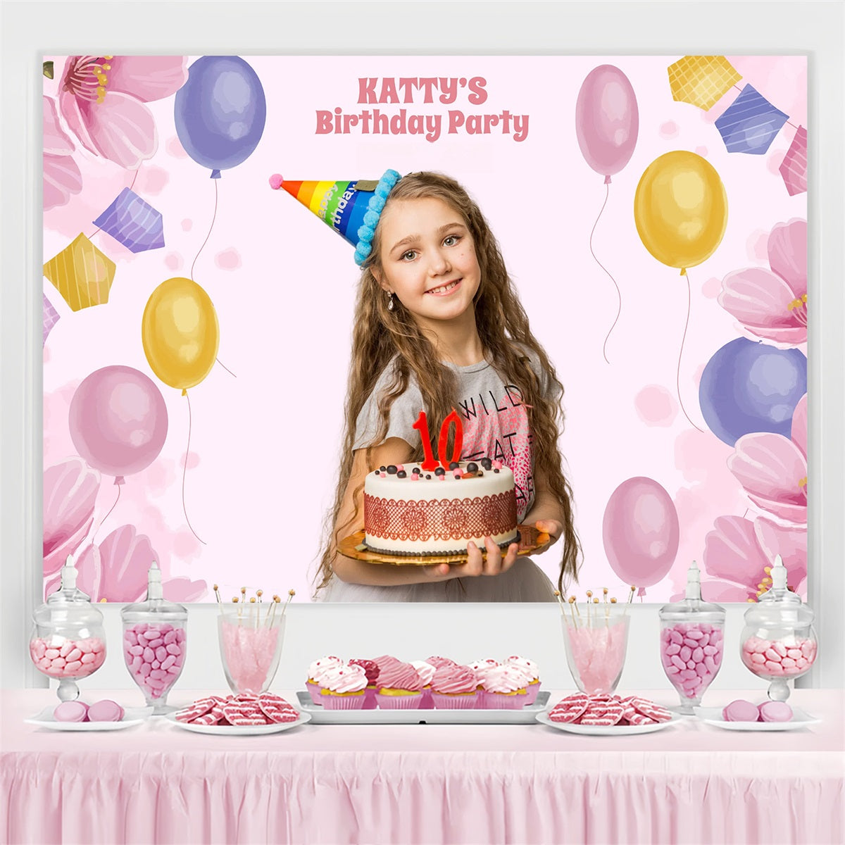 Personalized Birthday Photo Backdrop Pastel Floral Balloons Backdrop UK GTY3-265