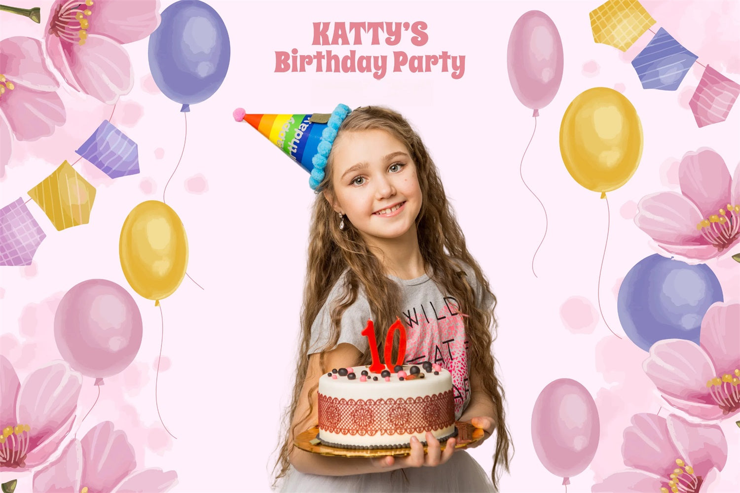 Personalized Birthday Photo Backdrop Pastel Floral Balloons Backdrop UK GTY3-265
