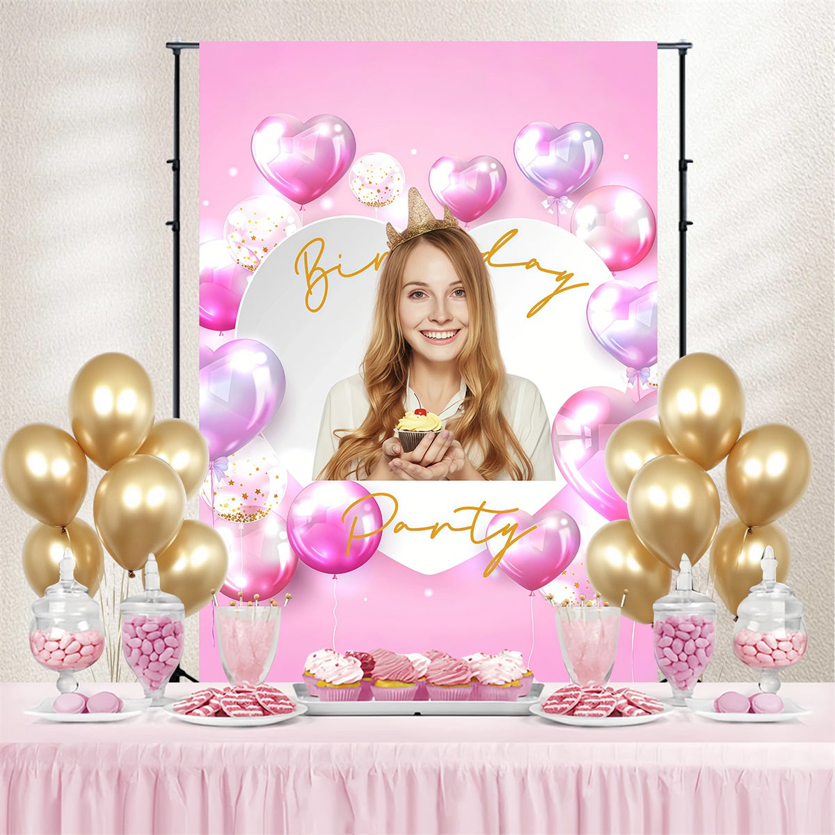 Birthday Backdrop Personalized Pink Heart Balloon Backdrop UK GTY3-270
