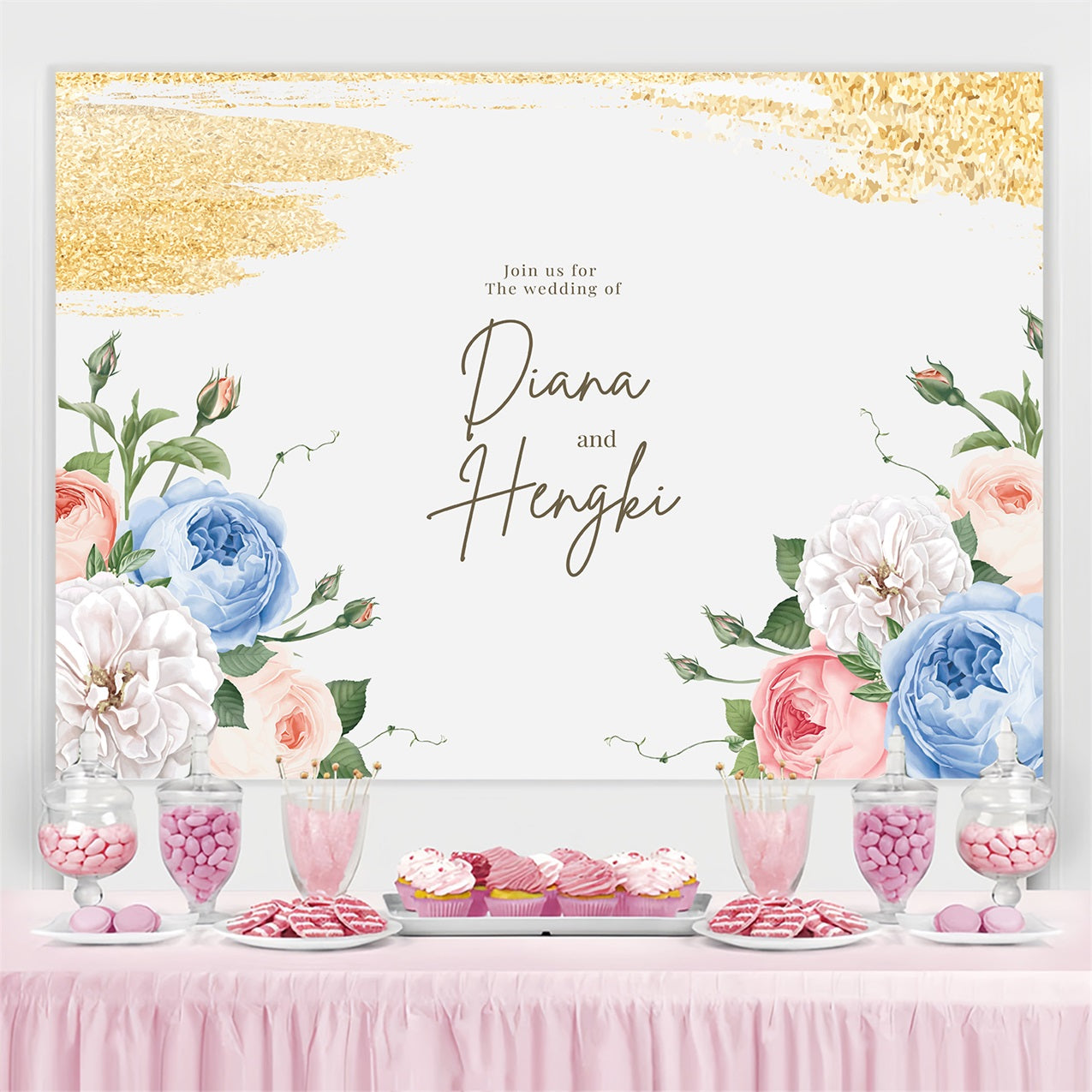 Wedding Backdrop Gold Sparkle Floral Customized Backdrop UK GTY3-273