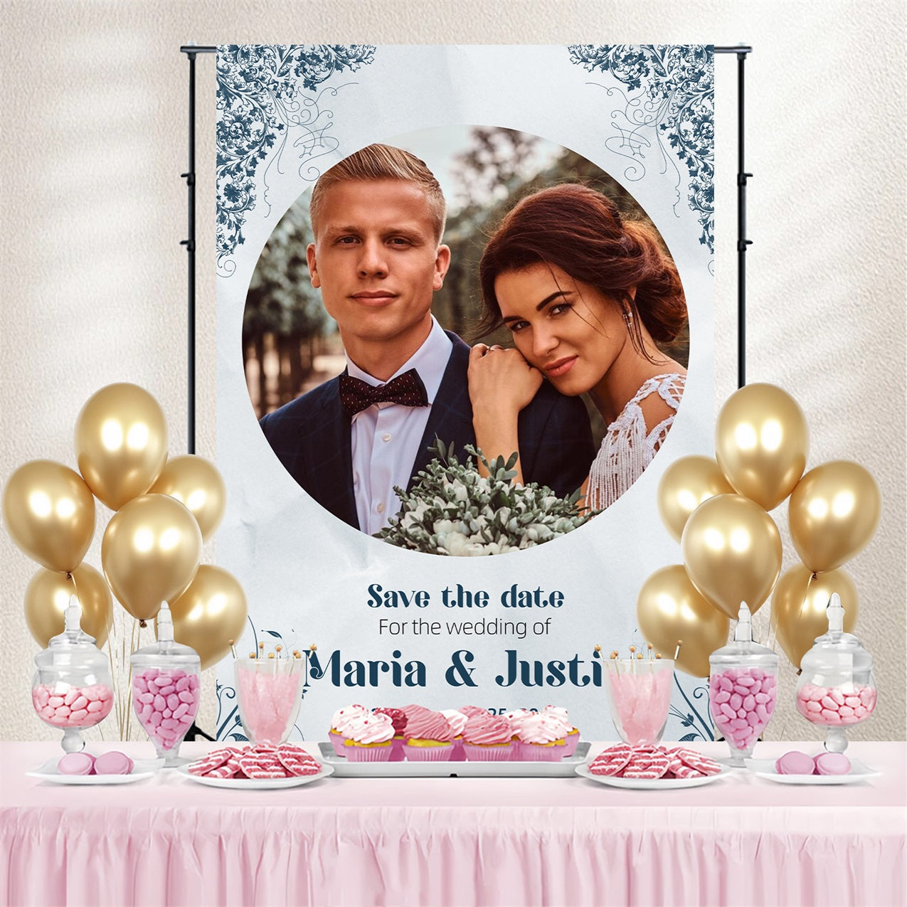 Wedding Photo Backdrop Elegant Blue Floral Personalized Backdrop UK GTY3-276