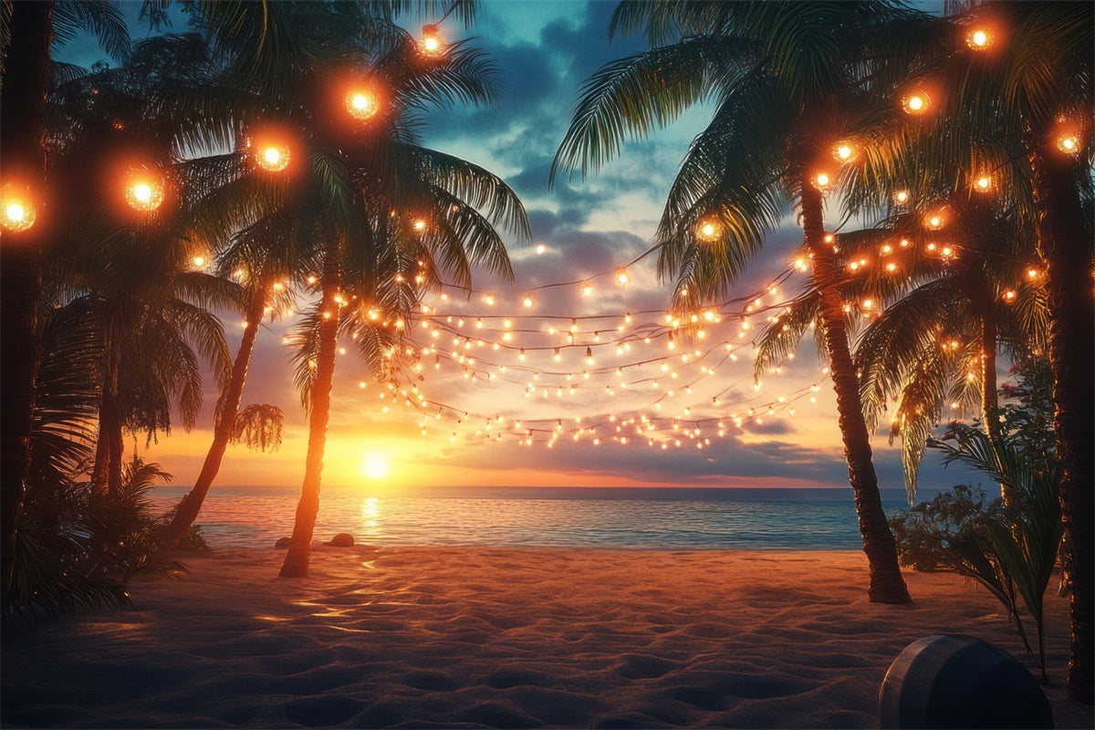 Beach Photo Backdrop Sunset Palm String Light Summer Backdrop UK GTY3-281